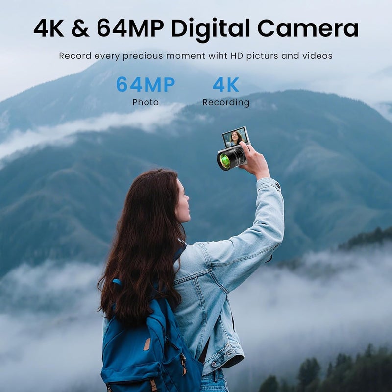 TZZPL 4K Digital Camera, 64MP Vlogging Camera for Photography with 3'' 180°Flip Screen,Macro and Wide-Angle Lenses,16X Vlogging Camera for YouTube with 64GB Micro SD Card for Beginner - Image 4